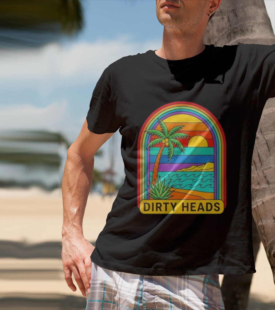 Dirty Heads Vibrant Sunset Beach Scene With Palm Tree And Waves T-Shirt