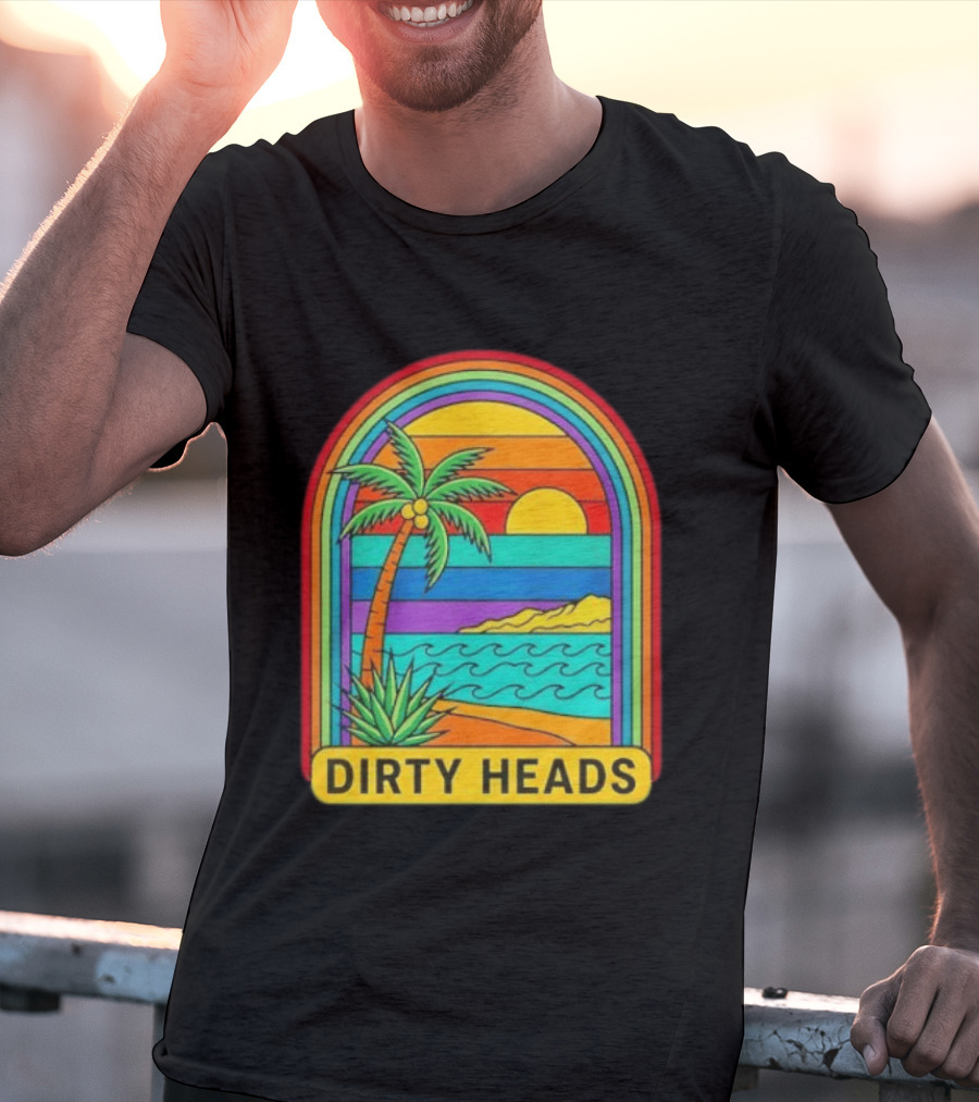 Dirty Heads Vibrant Sunset Beach Scene With Palm Tree And Waves T-Shirt