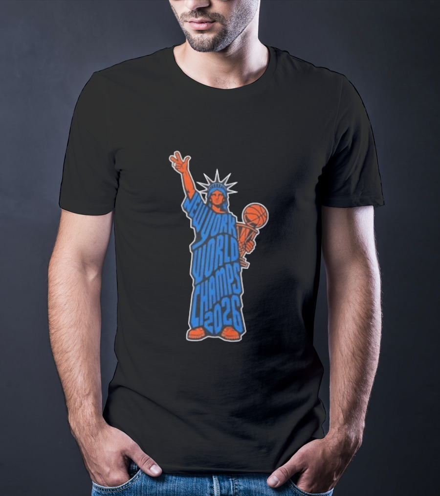 New York Knicks Statue Of Liberty World Champs 2026 Trophy T-Shirt