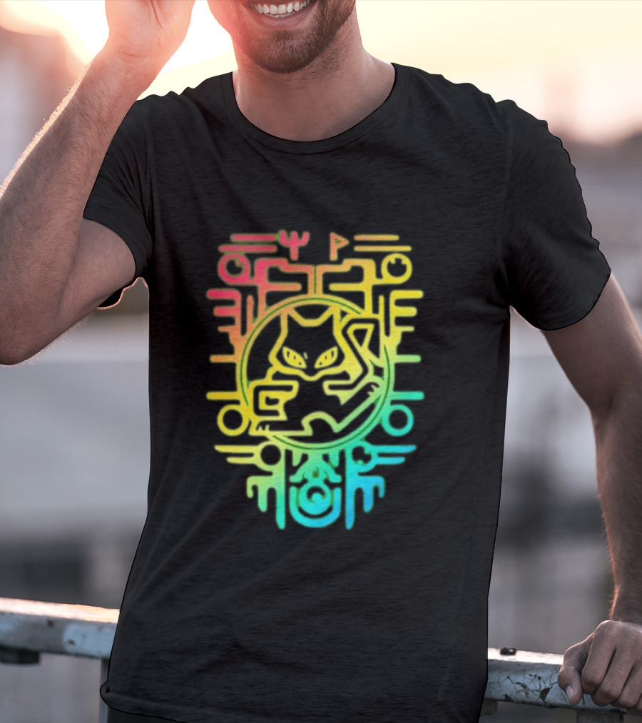 Og Ancient Mew And Mewtwo Pokemon Holographic Hieroglyphic T-Shirt