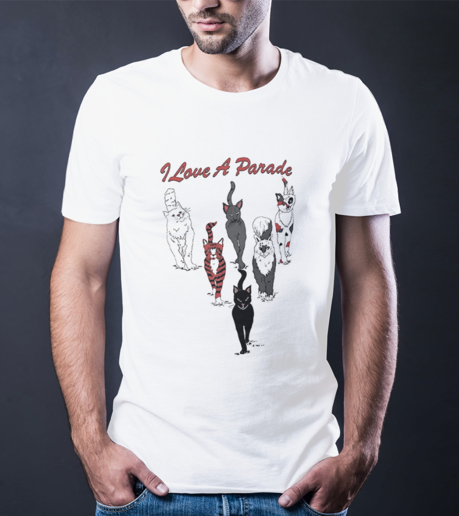 I Love A Parade Walking Cats Black Silhouettes Red Stripes T-Shirt