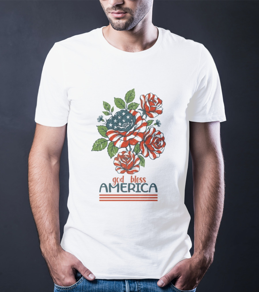 Patriotic Floral God Bless America Roses With Red White Blue Stripes T-Shirt