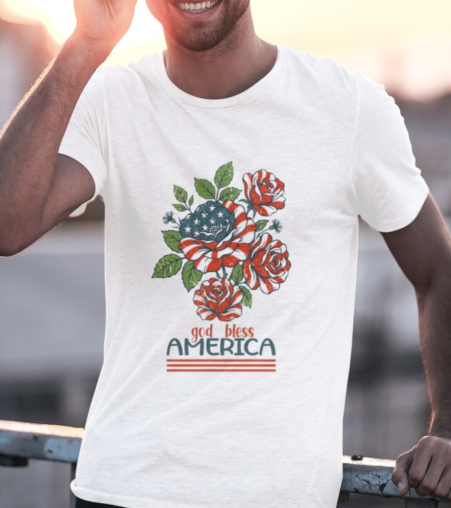 Patriotic Floral God Bless America Roses With Red White Blue Stripes T-Shirt