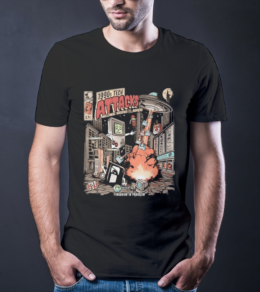 1990s Tech Attacks Millennial Machines Vs Mankind Invasion In Progress Y2K 2.0 T-Shirt