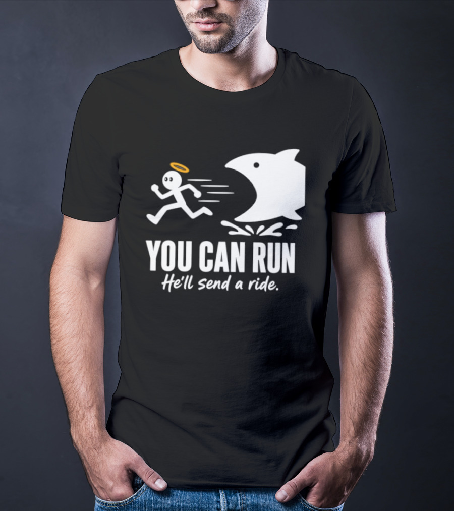 Angel Fleeing Shark You Can Run He'll Send A Ride Humor T-Shirt