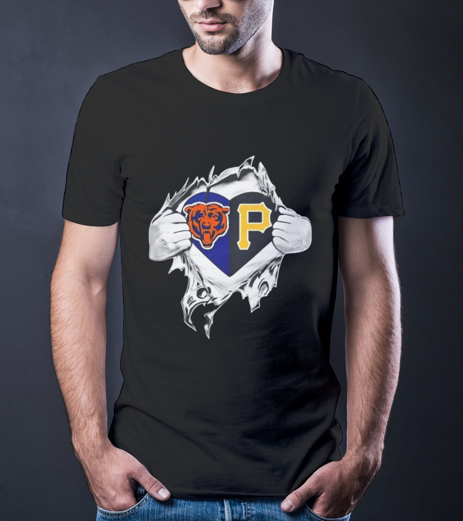 Chicago Bears Pittsburgh Pirates Heart Ripped Open Dual Team Loyalty T-Shirt