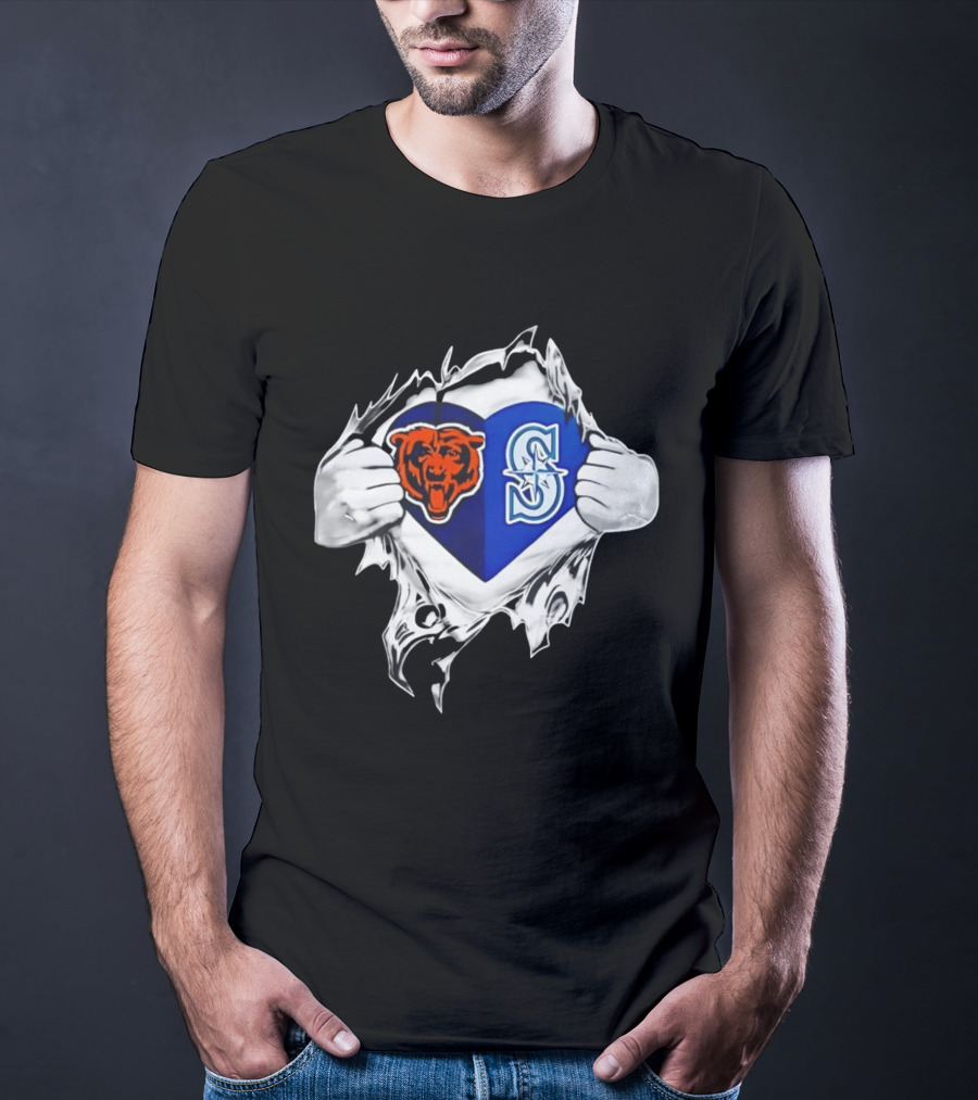 Chicago Bears Seattle Mariners Heart Ripping Through Chest Sports Fan T-Shirt