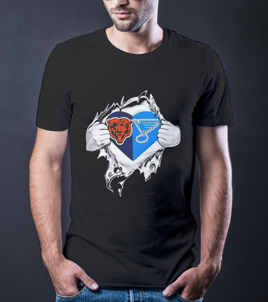 Chicago Bears St Louis Blues Heart Ripping Open Chest Fans Passion Fusion T-Shirt
