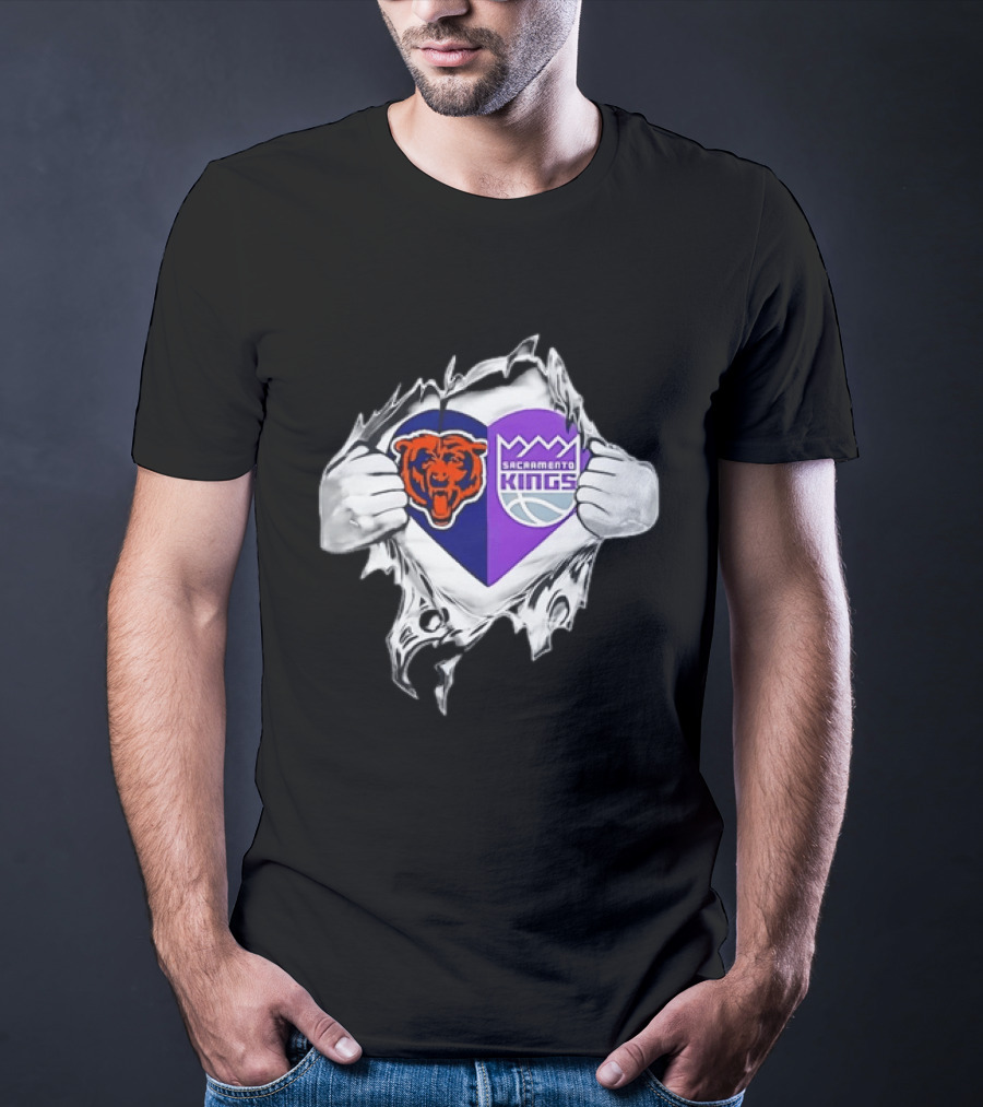 Heart Rip Chicago Bears Sacramento Kings Fan Logo Combo T-Shirt