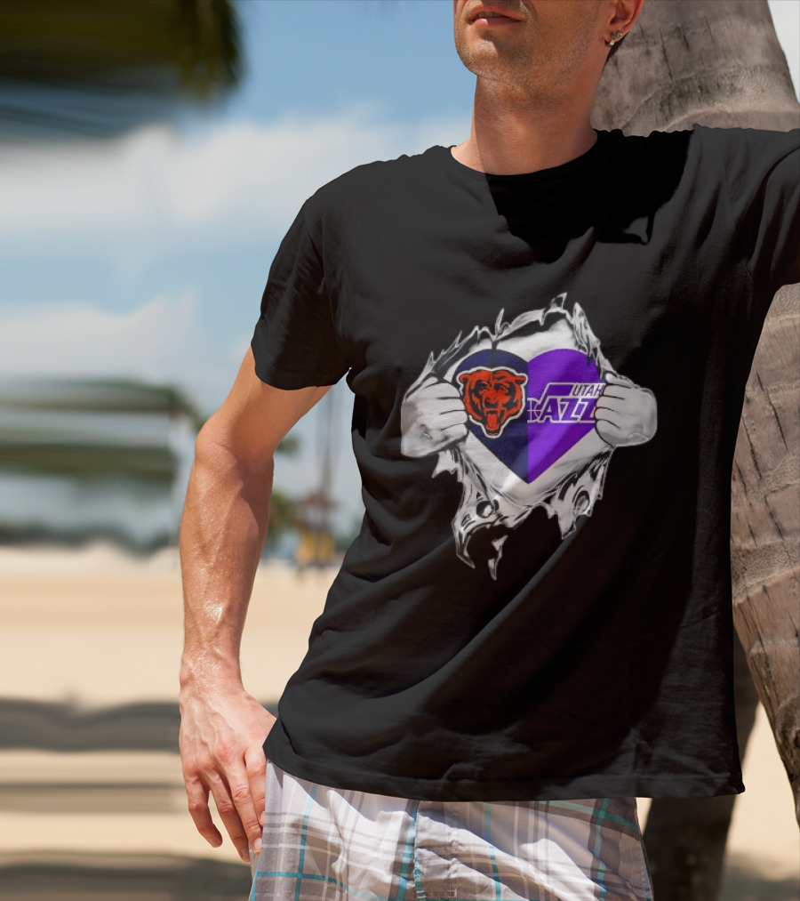 Heart Split Chicago Bears Utah Jazz Team Logos T-Shirt