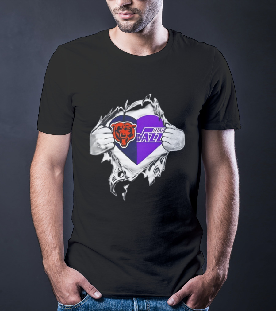Heart Split Chicago Bears Utah Jazz Team Logos T-Shirt