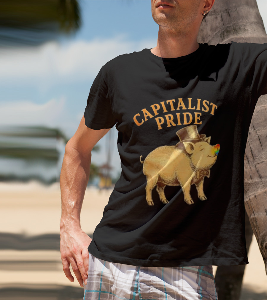 Capitalist Pride Pig With Rainbow Nose And Top Hat Bow Tie T-Shirt
