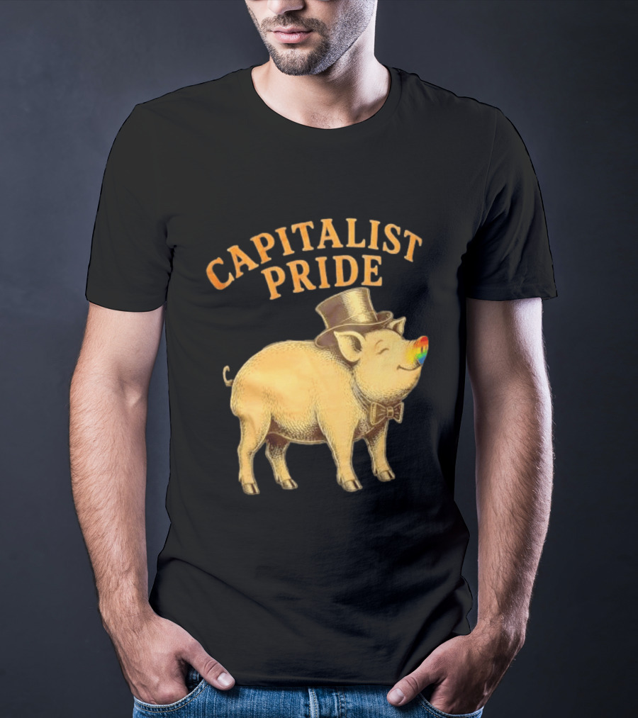 Capitalist Pride Pig With Rainbow Nose And Top Hat Bow Tie T-Shirt