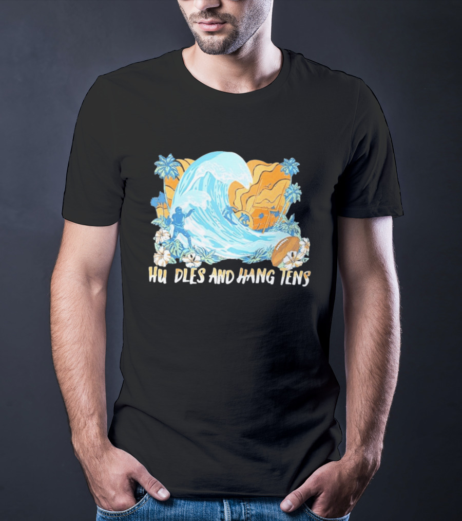 Los Angeles Chargers Tommy Bahama Huddle And Hang Tens Tropical Wave Football Scene T-Shirt