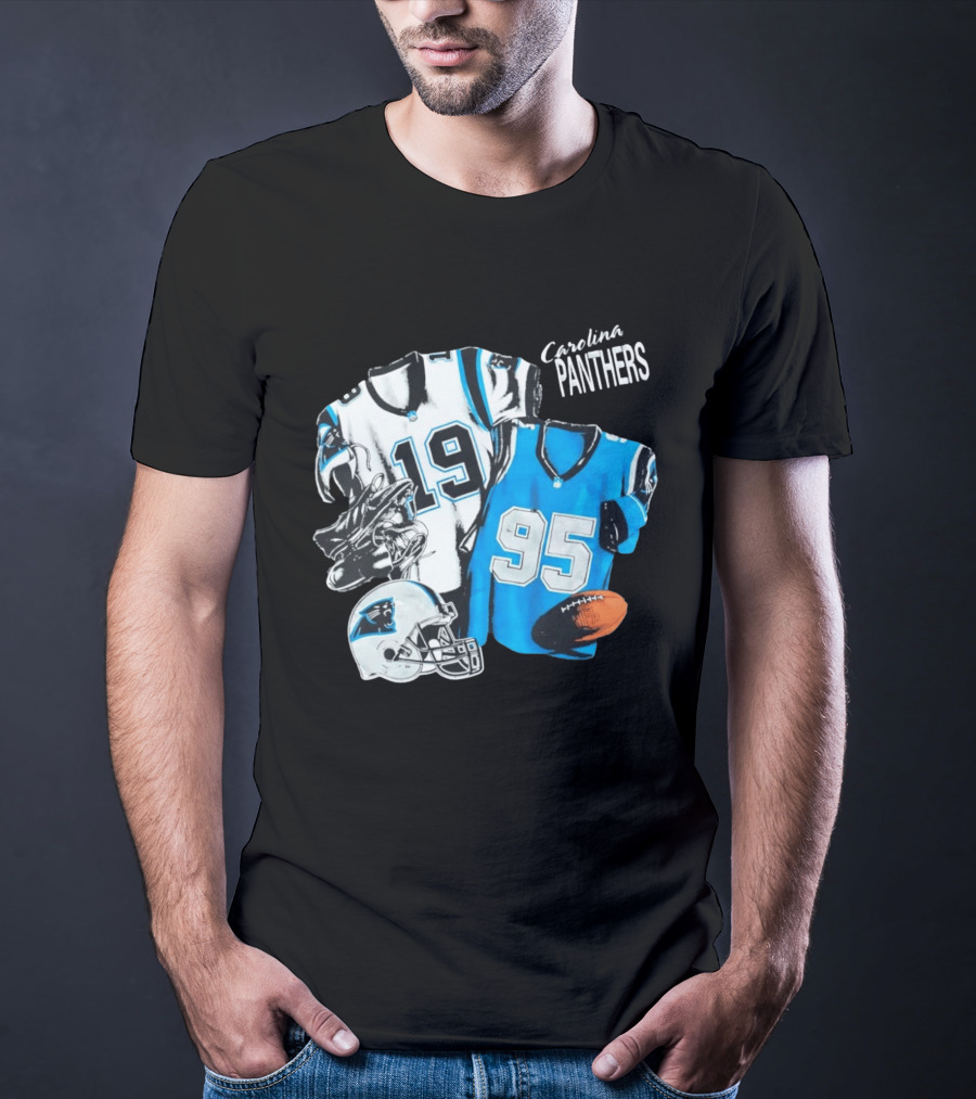 Carolina Panthers 19 95 Jerseys And Helmet With Football T-Shirt
