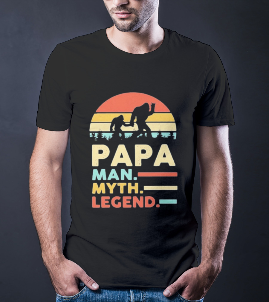 Papa Man Myth Legend Bigfoot Retro Sunset T-Shirt