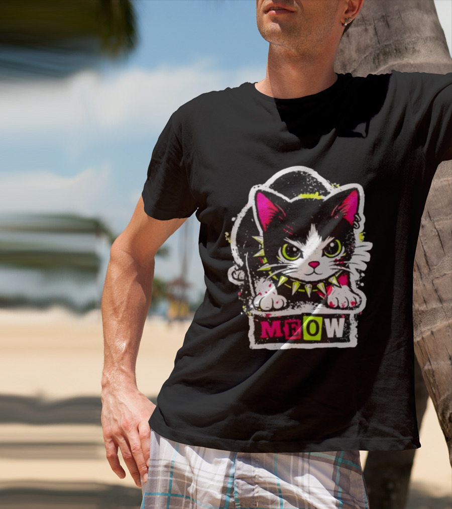 Punk Rock Cat Studded Collar Meow For Music Fans And Cat Lovers T-Shirt