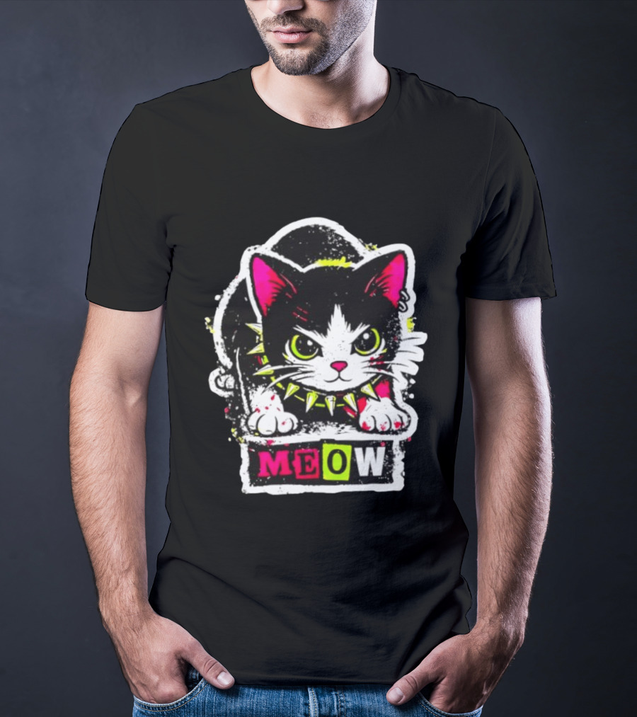 Punk Rock Cat Studded Collar Meow For Music Fans And Cat Lovers T-Shirt