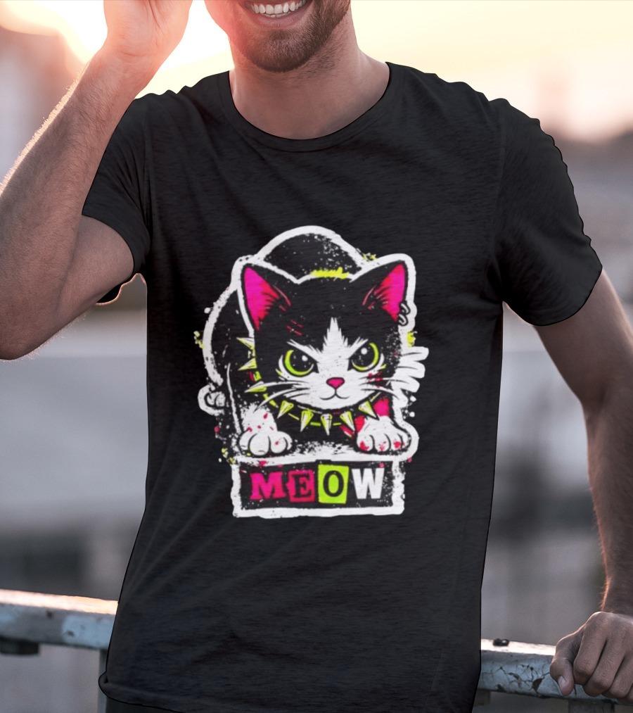 Punk Rock Cat Studded Collar Meow For Music Fans And Cat Lovers T-Shirt