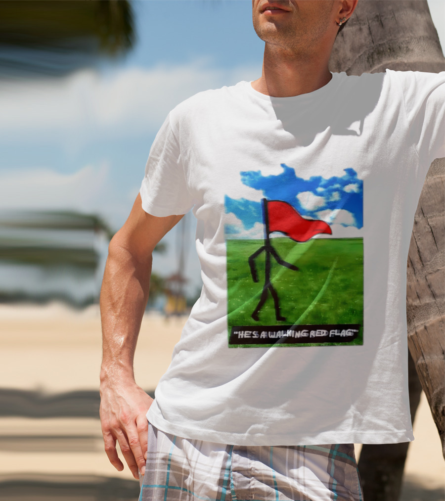 Stick Figure With Red Flag Walking In Field With Blue Sky T-Shirt