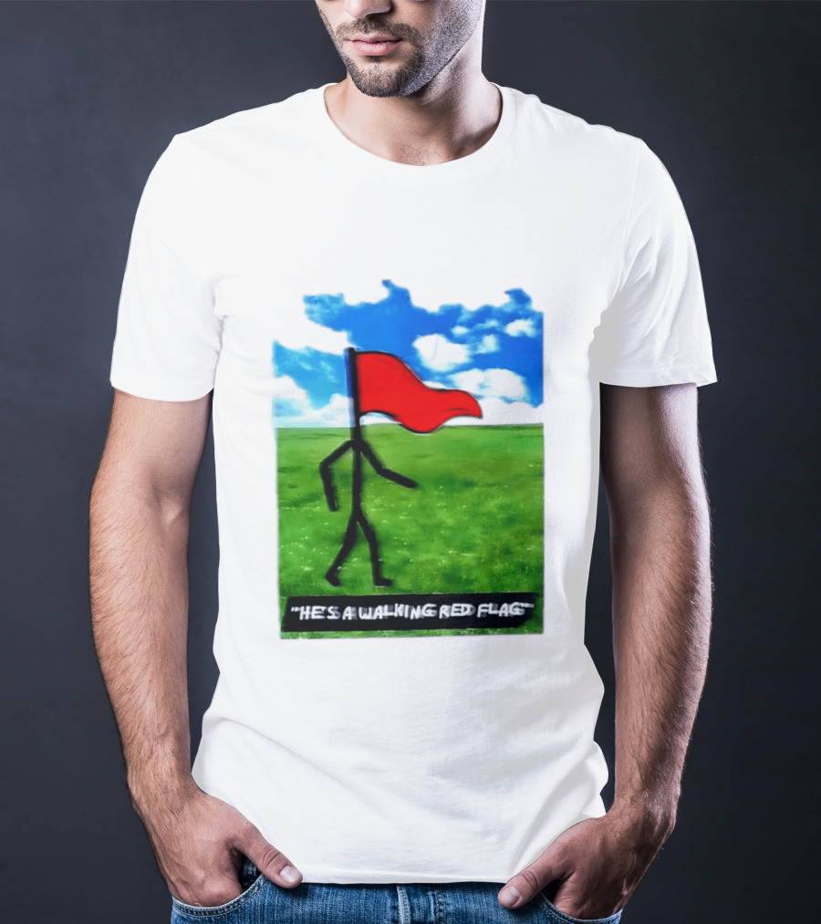 Stick Figure With Red Flag Walking In Field With Blue Sky T-Shirt