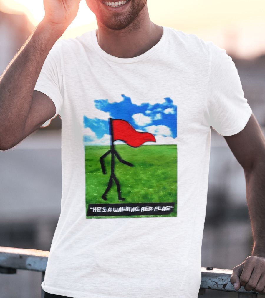 Stick Figure With Red Flag Walking In Field With Blue Sky T-Shirt