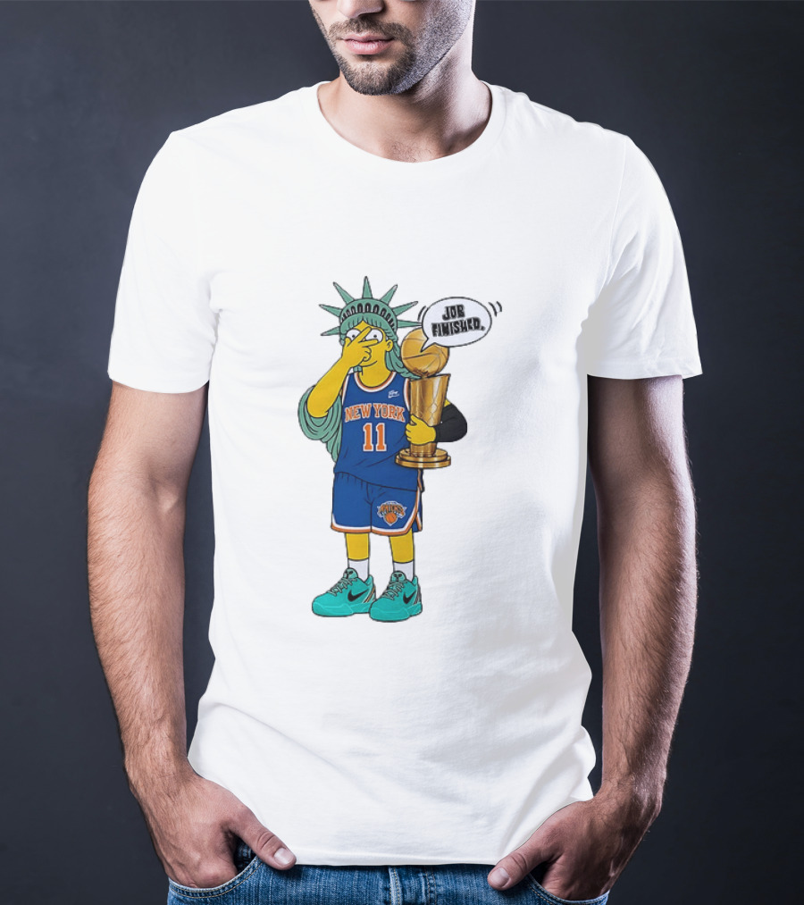 Statue Of Liberty Simpsons Jalen Brunson Hug Trophy New York Knicks Job Finished 2026 NBA Championship T-Shirt