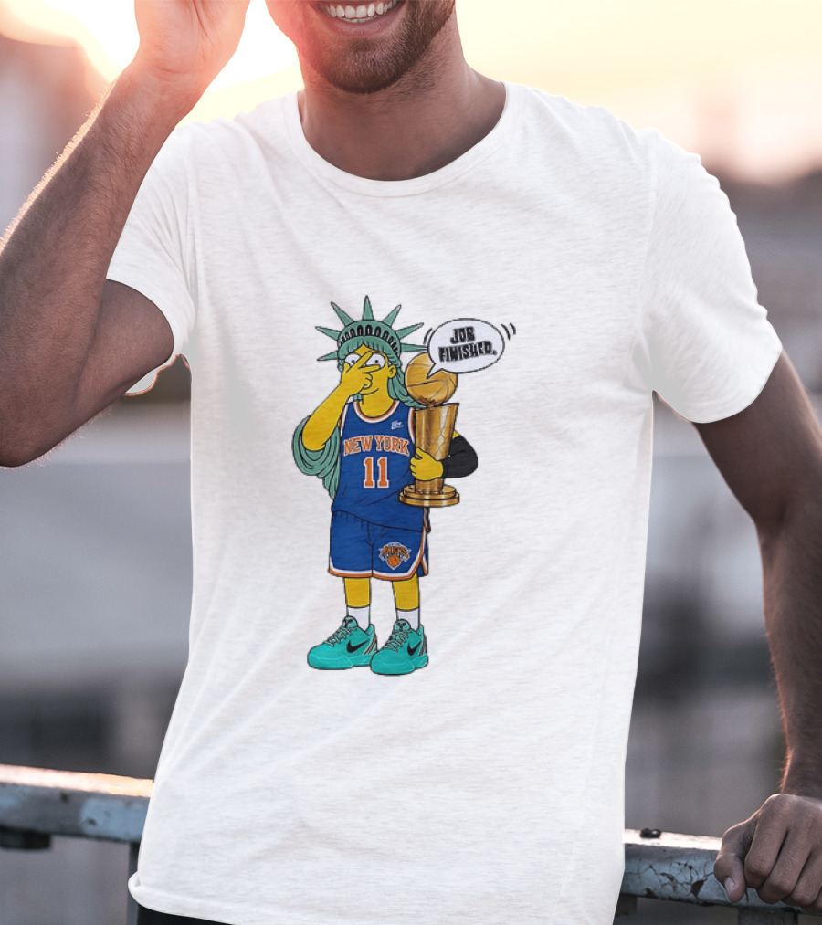 Statue Of Liberty Simpsons Jalen Brunson Hug Trophy New York Knicks Job Finished 2026 NBA Championship T-Shirt