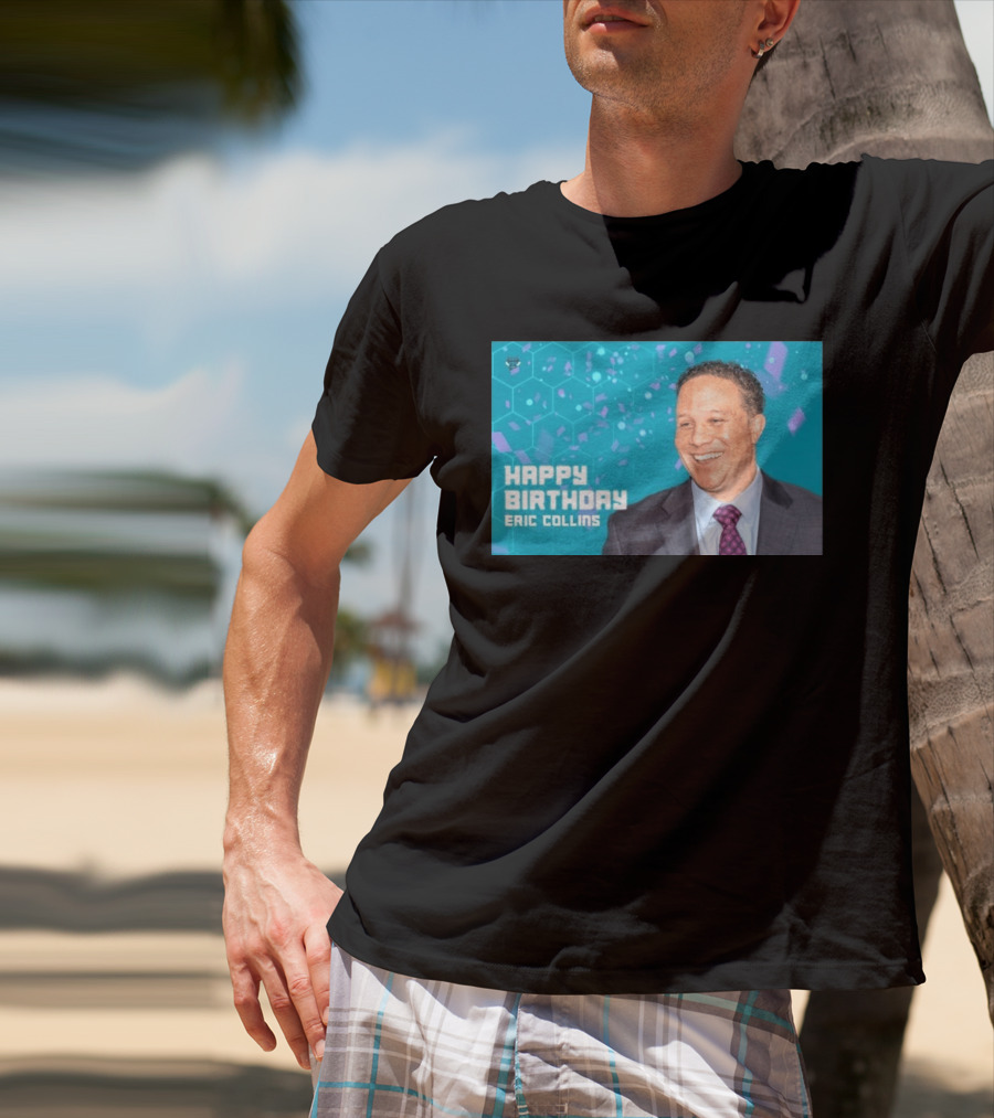 Happy 57th Birthday Eric Collins Celebration With Smiling Man And Turquoise Hexagonal T-Shirt