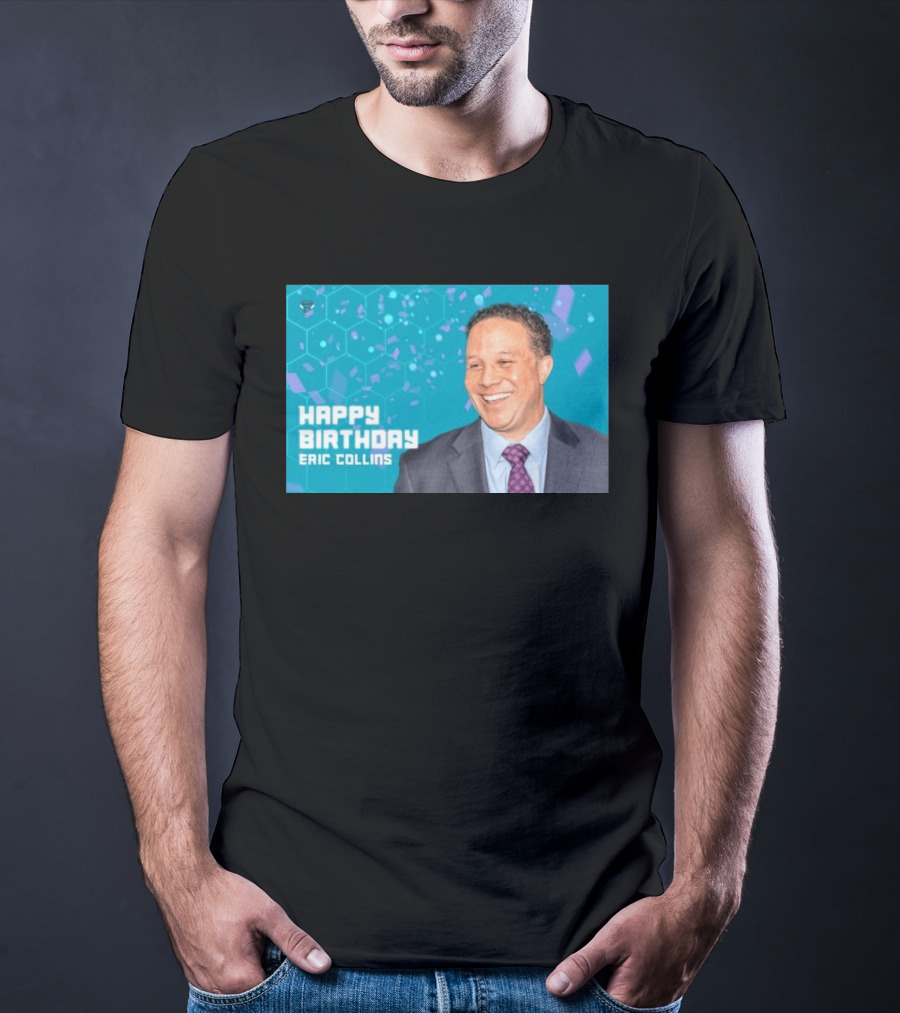 Happy 57th Birthday Eric Collins Celebration With Smiling Man And Turquoise Hexagonal T-Shirt