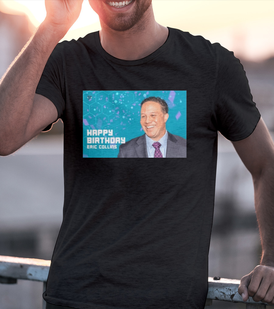 Happy 57th Birthday Eric Collins Celebration With Smiling Man And Turquoise Hexagonal T-Shirt