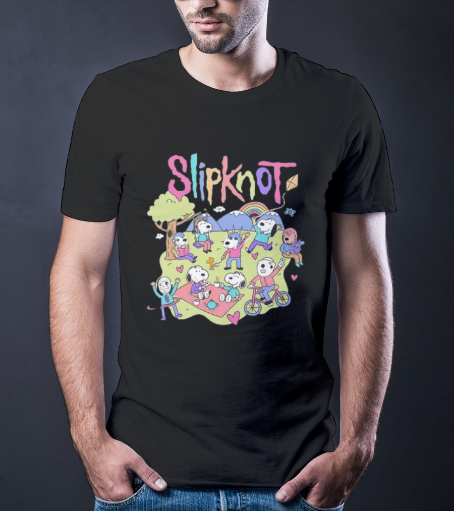 Snoopy Peanuts Characters Playing In Park With Slipknot T-Shirt