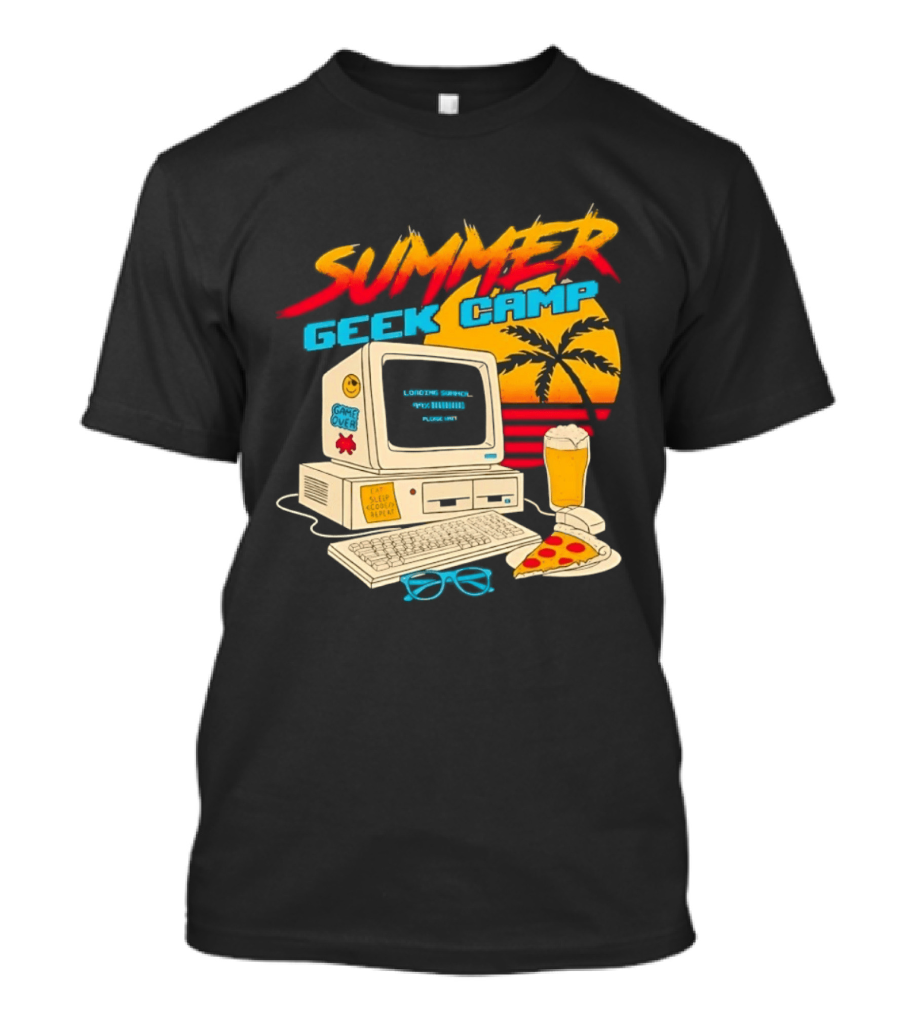 Summer Geek Camp Retro Computer Pizza And Palm Vibes T-Shirt