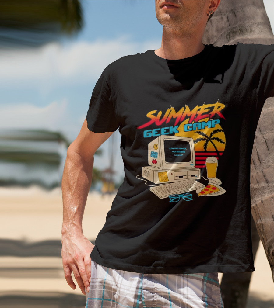 Summer Geek Camp Retro Computer Pizza And Palm Vibes T-Shirt