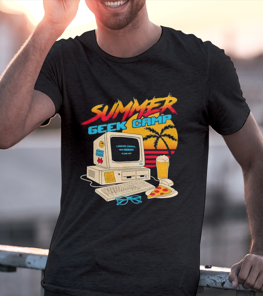 Summer Geek Camp Retro Computer Pizza And Palm Vibes T-Shirt
