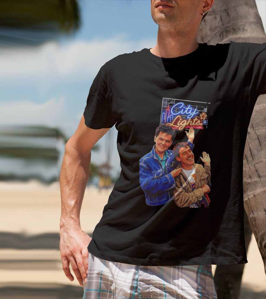 Two Men Smiling And Waving City Lights Neon Sign T-Shirt