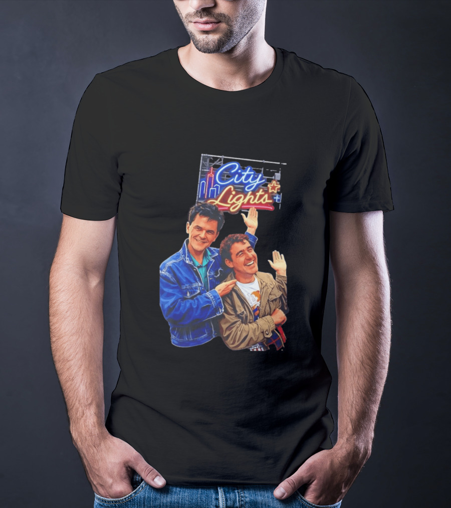 Two Men Smiling And Waving City Lights Neon Sign T-Shirt