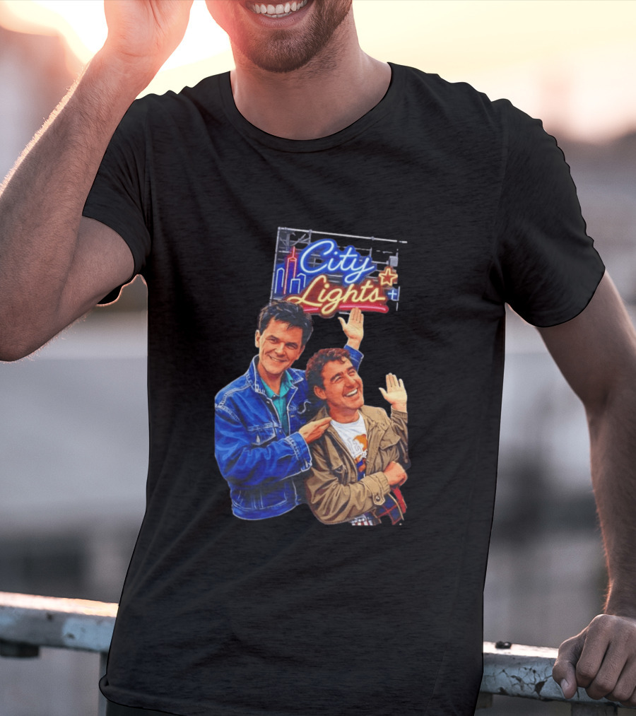 Two Men Smiling And Waving City Lights Neon Sign T-Shirt