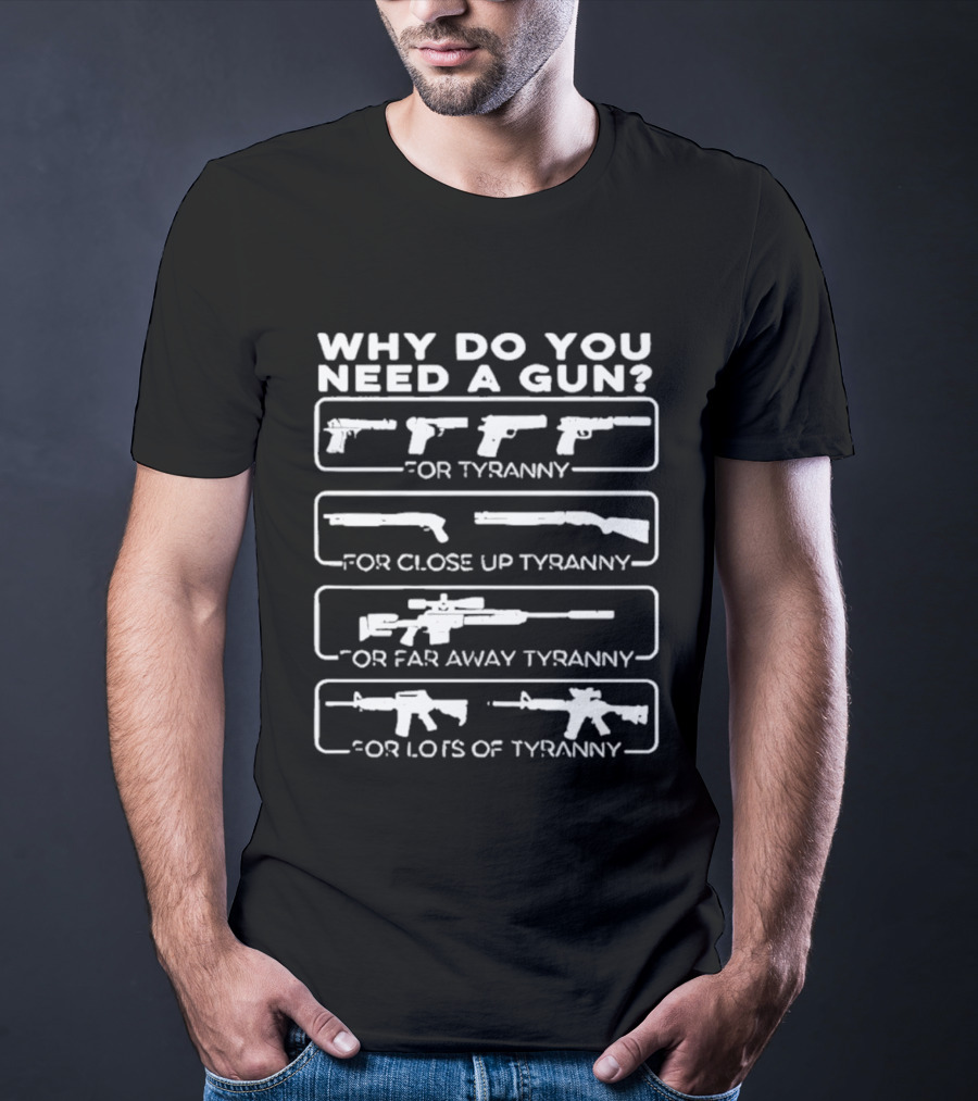 Why Do You Need A Gun For Tyranny Close Up Tyranny Far Away Tyranny Lots Of Tyranny T-Shirt