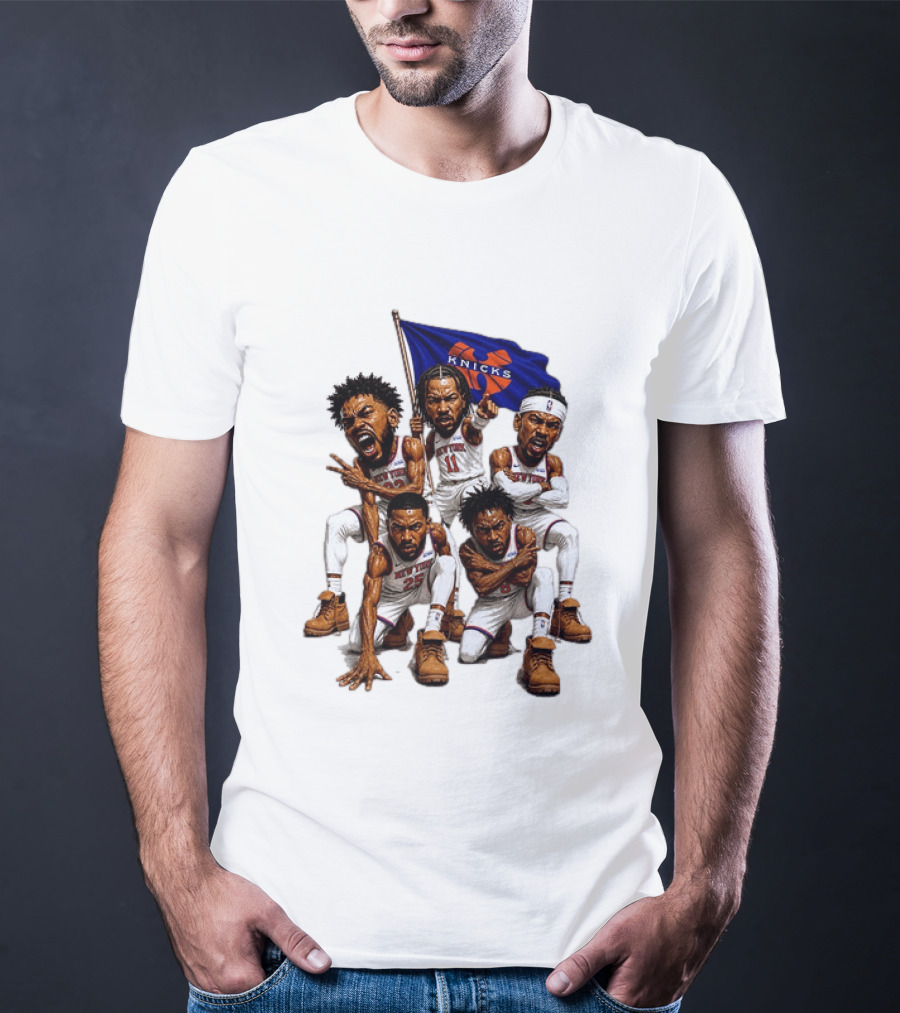 New York Knicks Jalen Brunson NBA Players Holding Team Flag Celebration T-Shirt