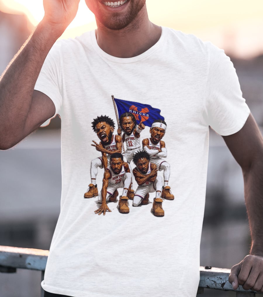 New York Knicks Jalen Brunson NBA Players Holding Team Flag Celebration T-Shirt