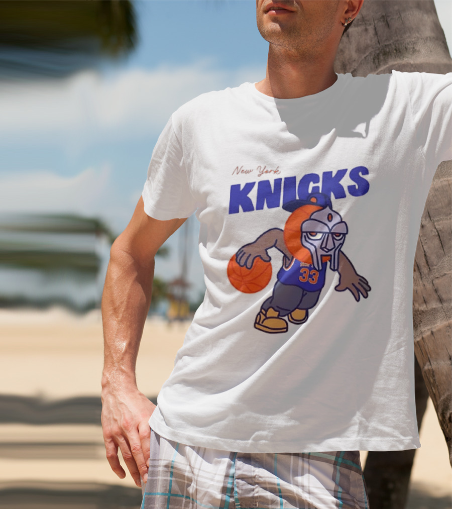 New York Knicks MF DOOM Basketball Mask Number 33 Dribbling T-Shirt