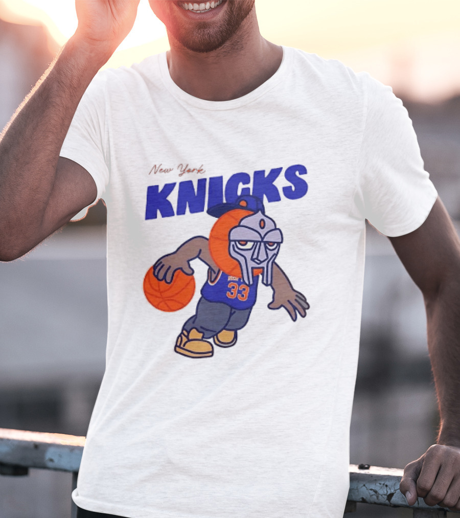 New York Knicks MF DOOM Basketball Mask Number 33 Dribbling T-Shirt