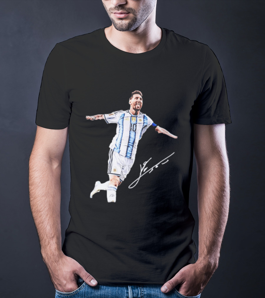 Lionel Messi 10 Argentina Jersey Signature Soccer Legend Celebration T-Shirt