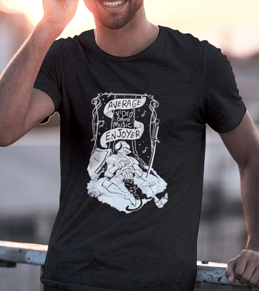 Average Video Game Music Enjoyer Knight Resting Under Stars With Cat T-Shirt