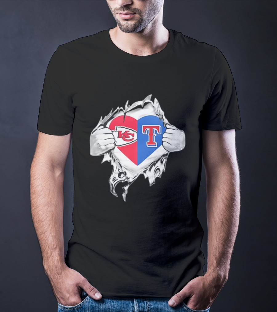 Kansas City Chiefs Texas Rangers Heart Rip Open T-Shirt