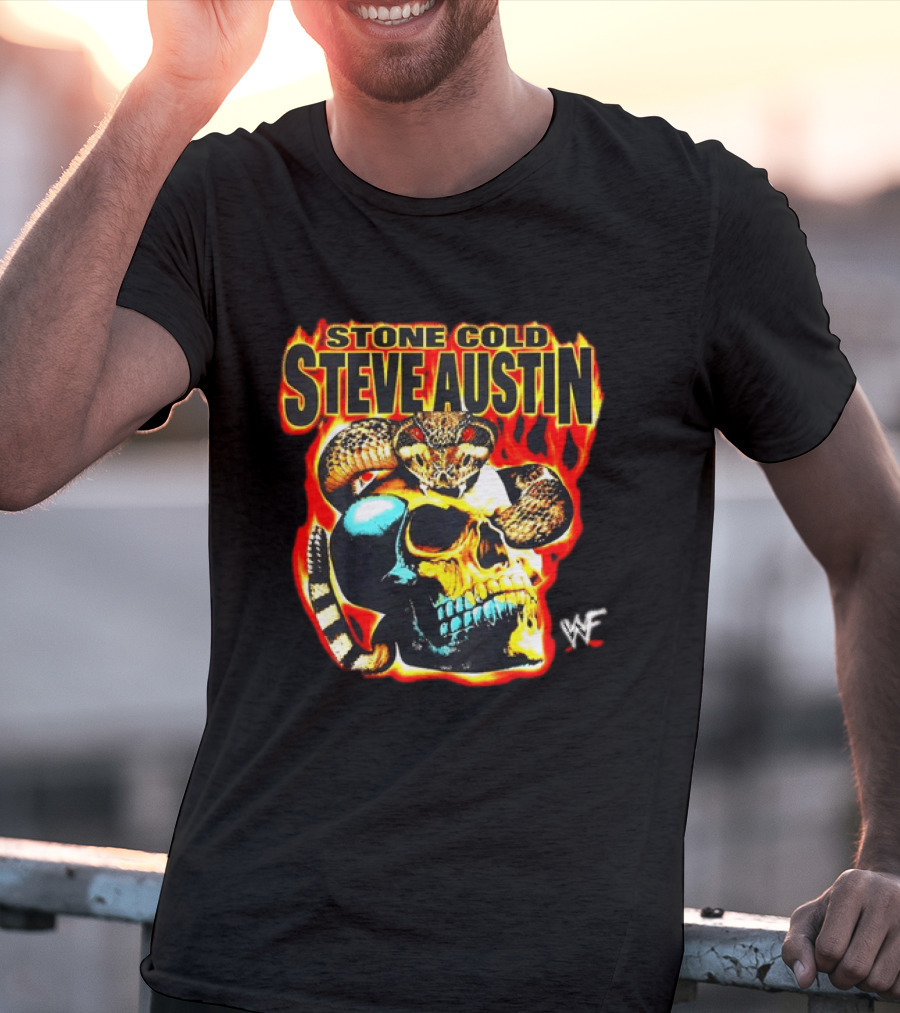 Stone Cold Steve Austin Flaming Skull Snake WWF T-Shirt