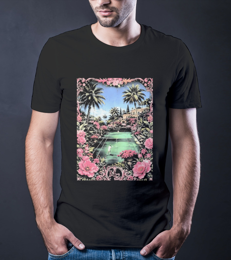 Tennis Players On Mansion Court MS Initials With Pink Floral Frame T-Shirt