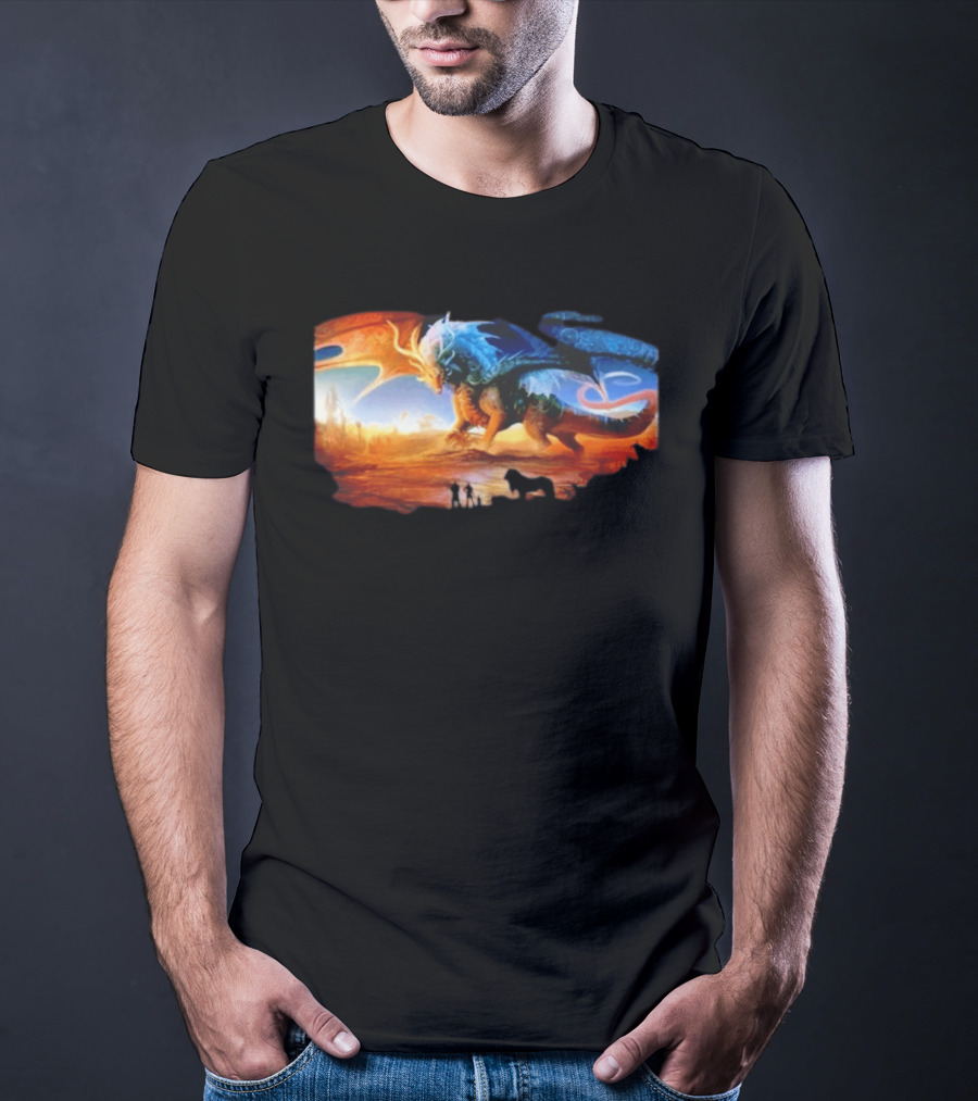 Giant Dragon In Radiant Golden Light With Blue And Orange Wings T-Shirt