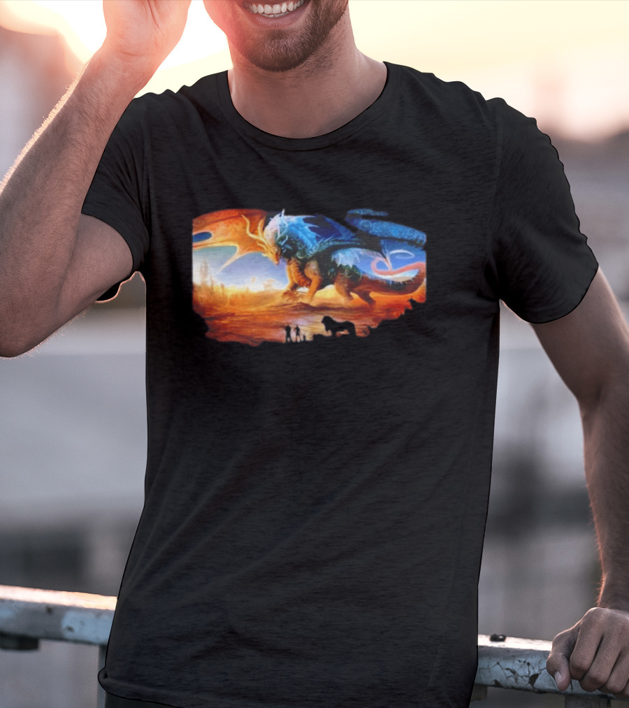 Giant Dragon In Radiant Golden Light With Blue And Orange Wings T-Shirt